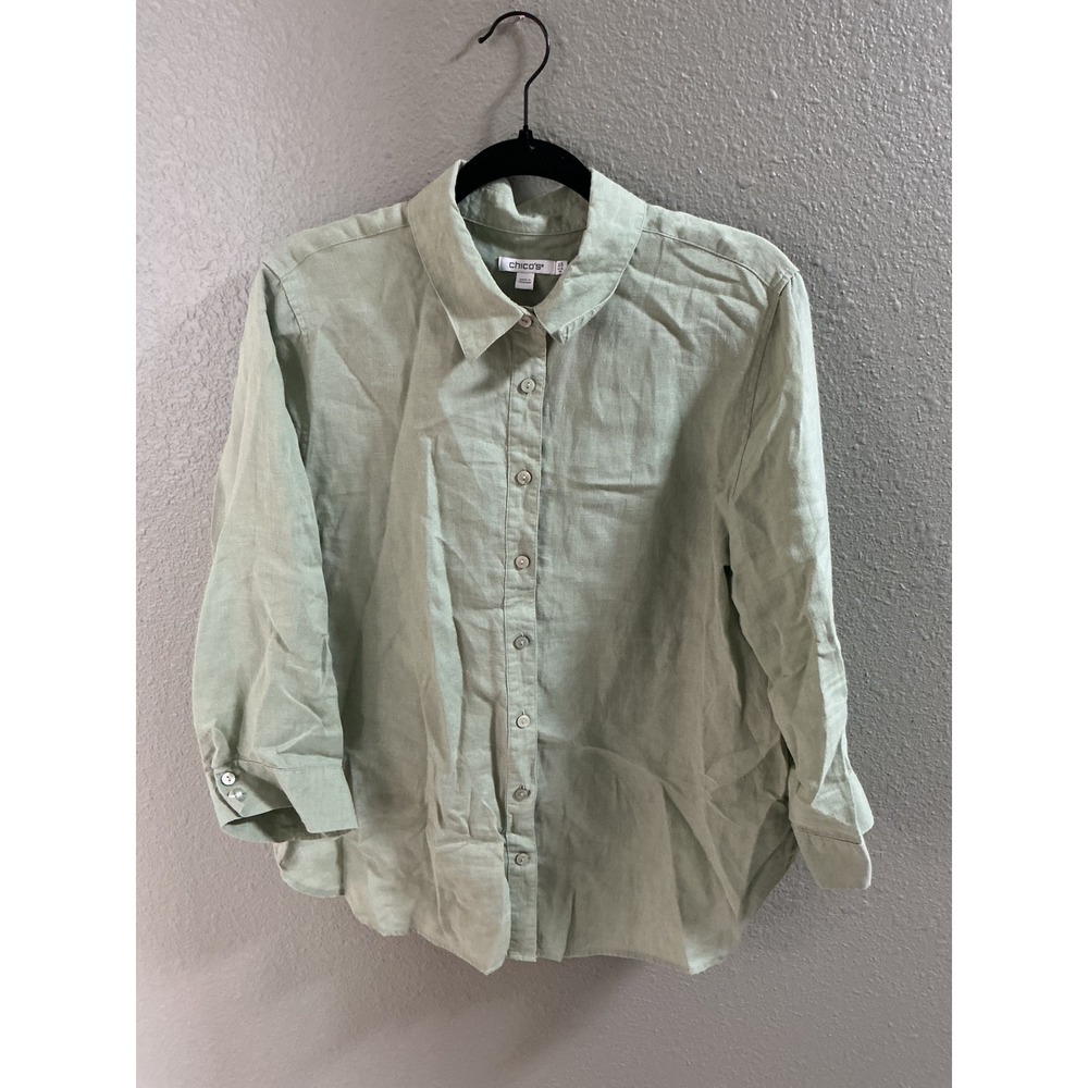 Chico's Linen Button Down Shirt Womens 2.5 L Sage Green Excellent Casual